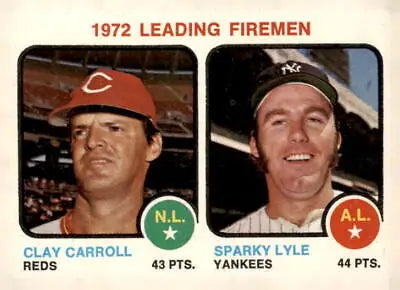1973 Topps 68 trading card featuring Clay Carroll and Sparky Lyle as leading firemen