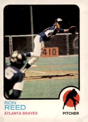 Ron Reed baseball card from 1973 Topps series featuring Reed Baseball Card display