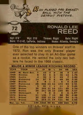 Vintage 1973 Topps trading card back features Ron Reed in EX-MT condition