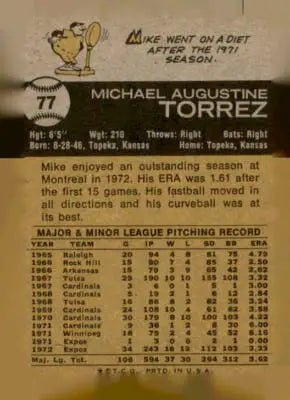 Baseball card back of 1973 Topps Mike Torrez baseball card featuring player stats