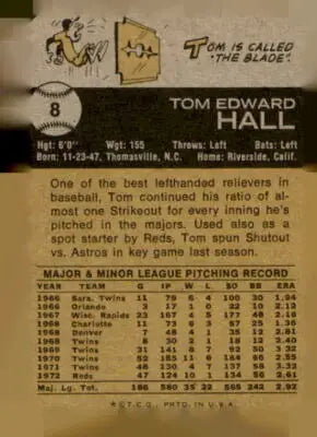 Vintage baseball card back of 1973 Topps Tom Hall showing player stats and history