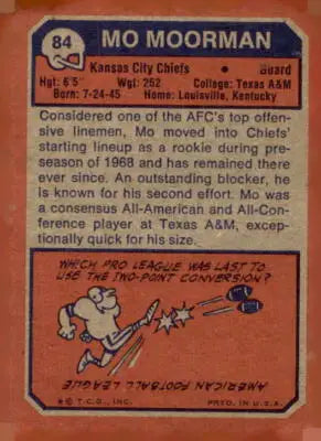 Vintage Kansas City Chiefs trading card featuring 1973 Topps #84 Mo Moorman