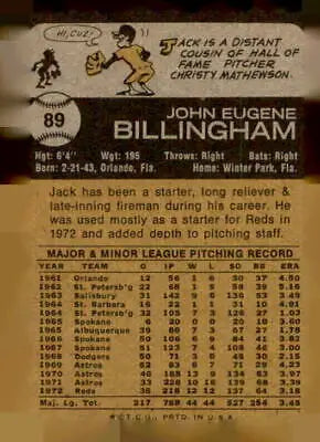 Vintage baseball card back of 1973 Topps #89 Jack Billingham sports trading card