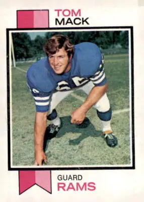 Tom Mack football card from 1973 Topps display featuring Los Angeles Rams trading card