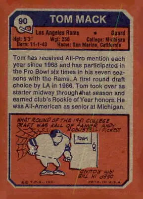 Vintage Tom Mack football card showcasing 1973 Topps #90 Los Angeles Rams trading card