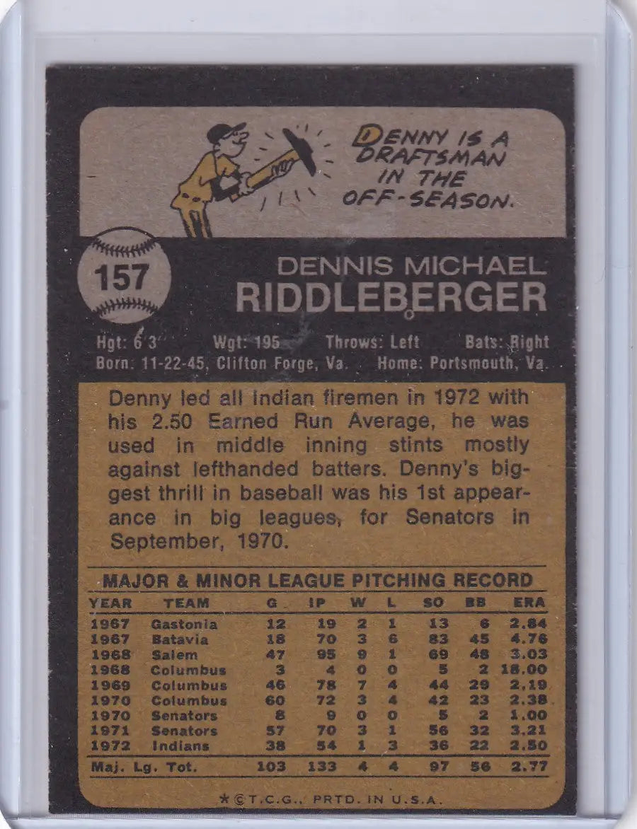 Vintage 1973 Topps Baseball card of Denny Riddleberger from the Cleveland Indians