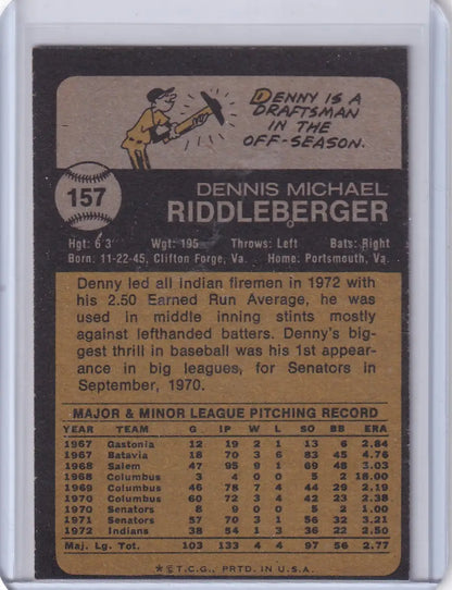 Vintage 1973 Topps Baseball card of Denny Riddleberger from the Cleveland Indians