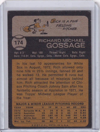 Vintage back of 1973 Topps Baseball #174 Rich Gossage Chicago White Sox RC card