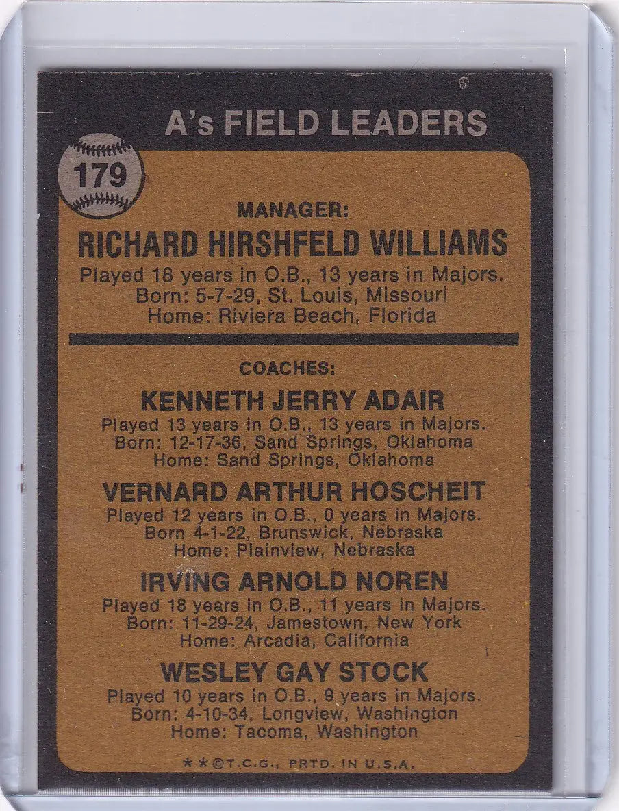 Back of 1973 Topps Baseball #179 Dick Williams card featuring Oakland Athletics details