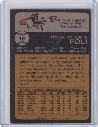 Vintage 1973 Topps Baseball card of Tim Foli from the Montreal Expos