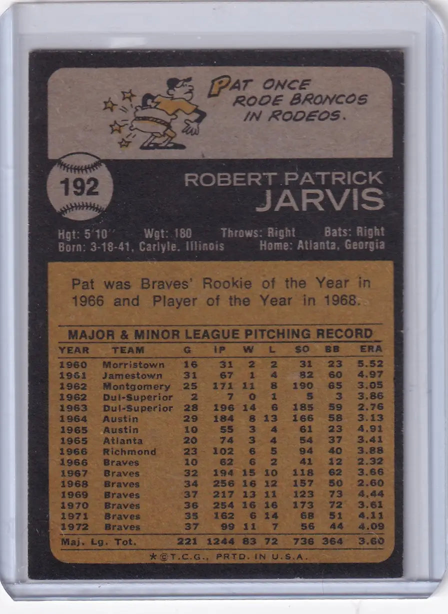 Vintage 1973 Topps Baseball card featuring Pat Jarvis of the Atlanta Braves