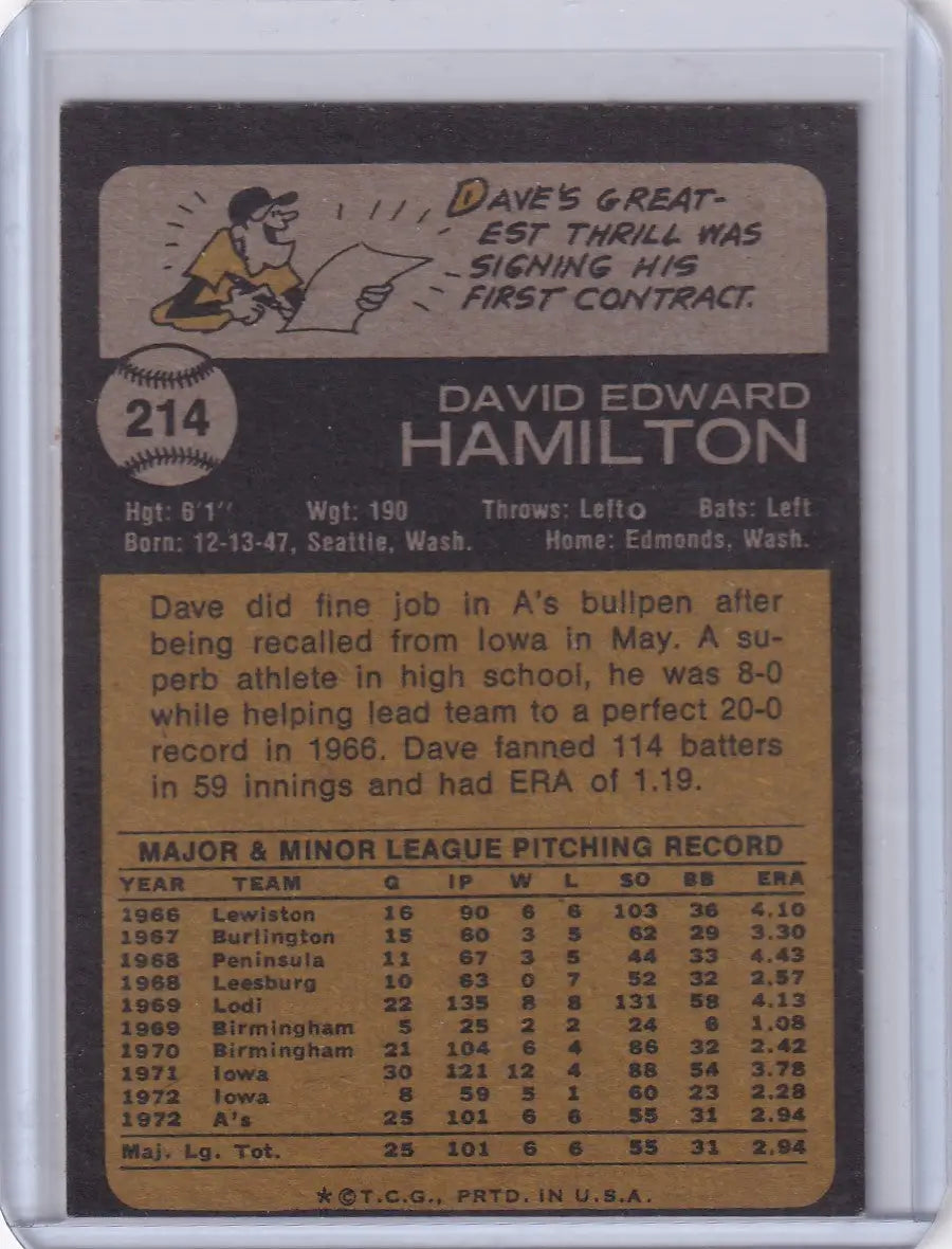 Vintage 1973 Topps Baseball #214 Dave Hamilton Oakland Athletics rookie card