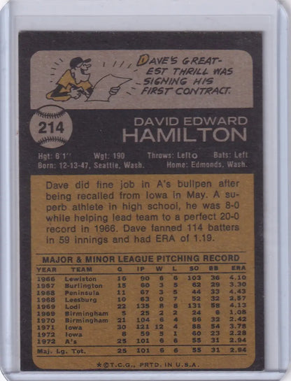 Vintage 1973 Topps Baseball #214 Dave Hamilton Oakland Athletics rookie card