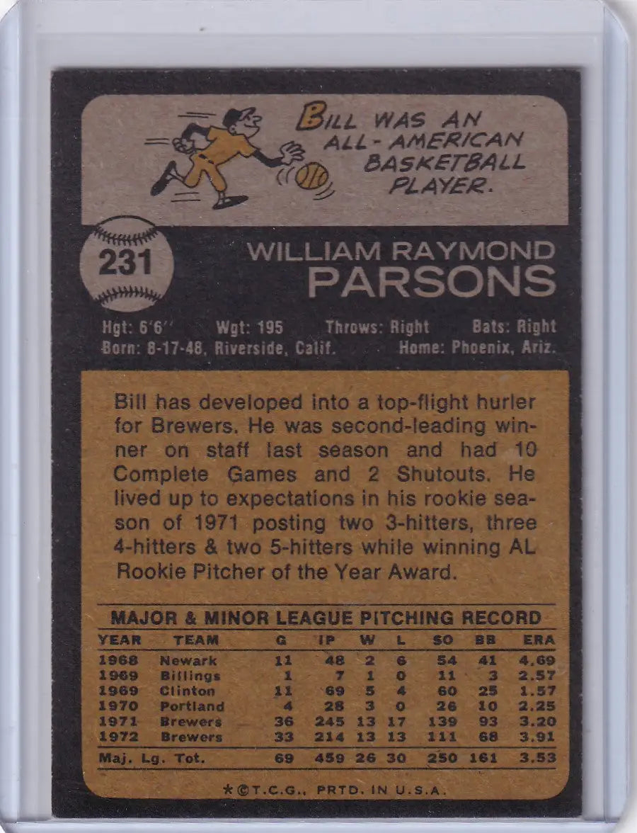 Vintage 1973 Topps Baseball card back of Bill Parsons from the Milwaukee Brewers