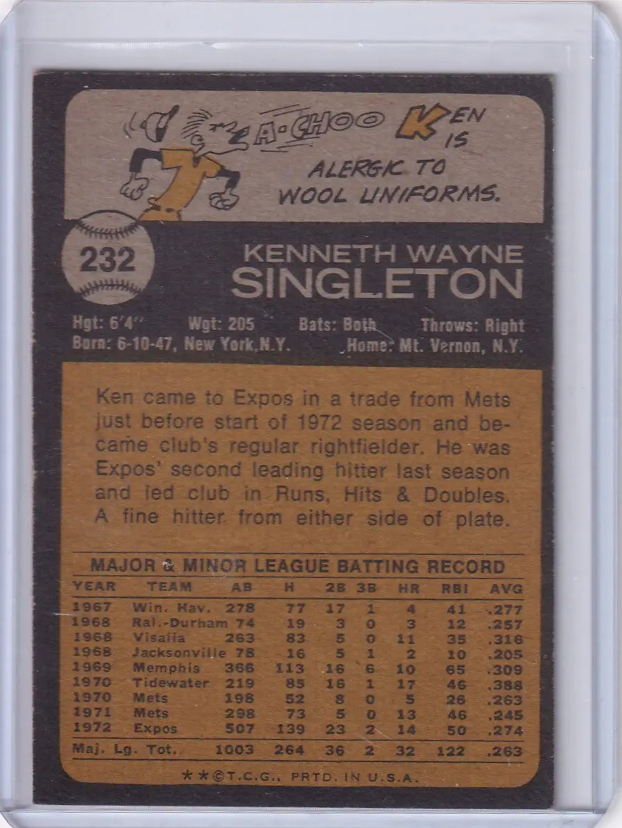 1973 Topps Baseball #232 Ken Singleton card featuring Montreal Expos player