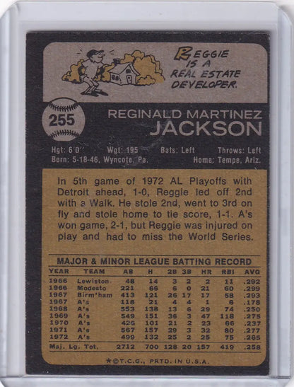 1973 Topps Baseball #255 Reggie Jackson card featuring Oakland Athletics legend