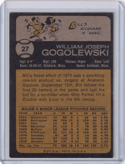 Back of 1973 Topps Baseball #27 Bill Gogolewski trading card for Texas Rangers