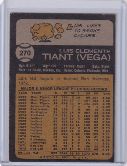 Luis Tiant 1973 Topps Baseball card featuring Boston Red Sox pitcher