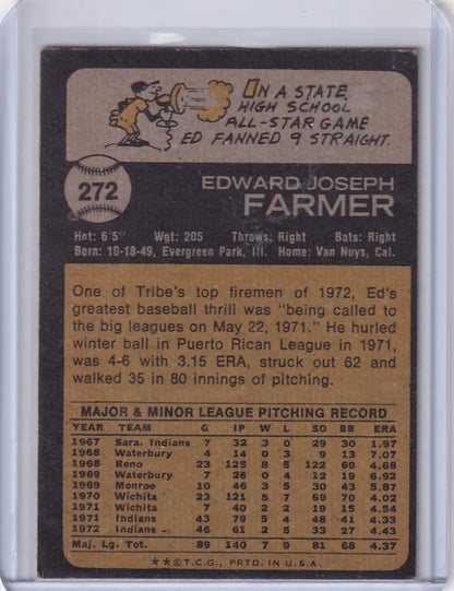 Vintage baseball card back of 1973 Topps Baseball #272 Ed Farmer, Cleveland Indians trading card