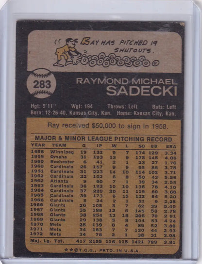 Vintage 1973 Topps Baseball card of Ray Sadecki, New York Mets player collectible