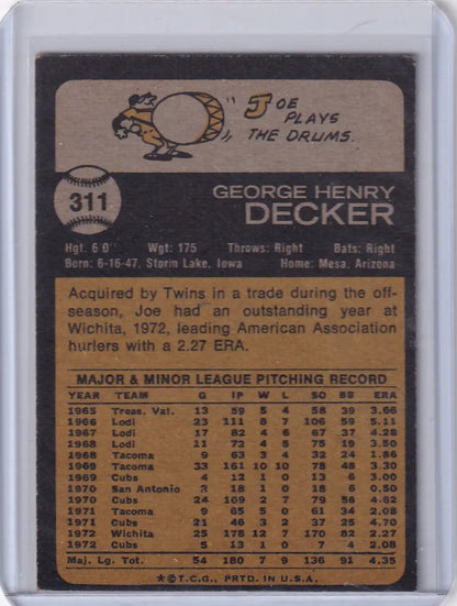 George Henry Decker baseball card from 1973 Topps Baseball #311 Minnesota Twins