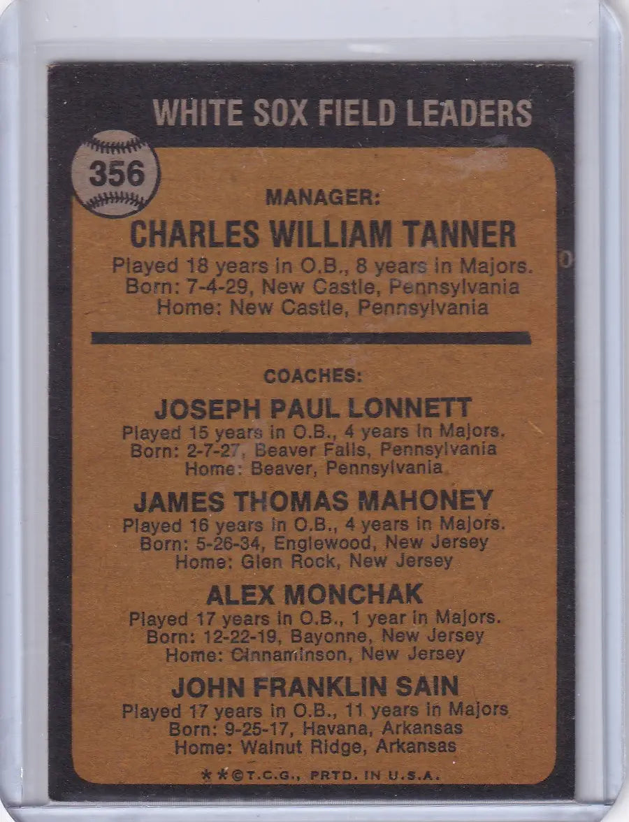 Vintage Chicago White Sox coaches Topps baseball card featuring 1973 Topps #356 Tanner Lonnett Mahoney Mo