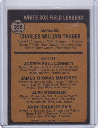 Vintage Chicago White Sox coaches Topps baseball card featuring 1973 Topps #356 Tanner Lonnett Mahoney Mo
