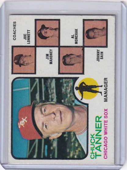 Chuck Tanner baseball card from 1973 Topps Baseball featuring White Sox coaches
