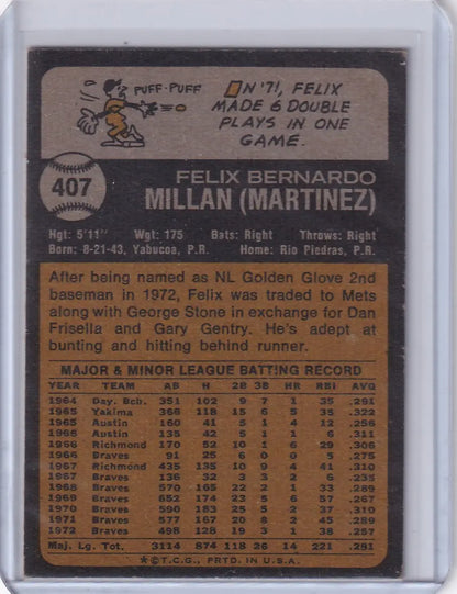 Vintage Felix Millan baseball card from 1973 Topps Baseball featuring New York Mets player