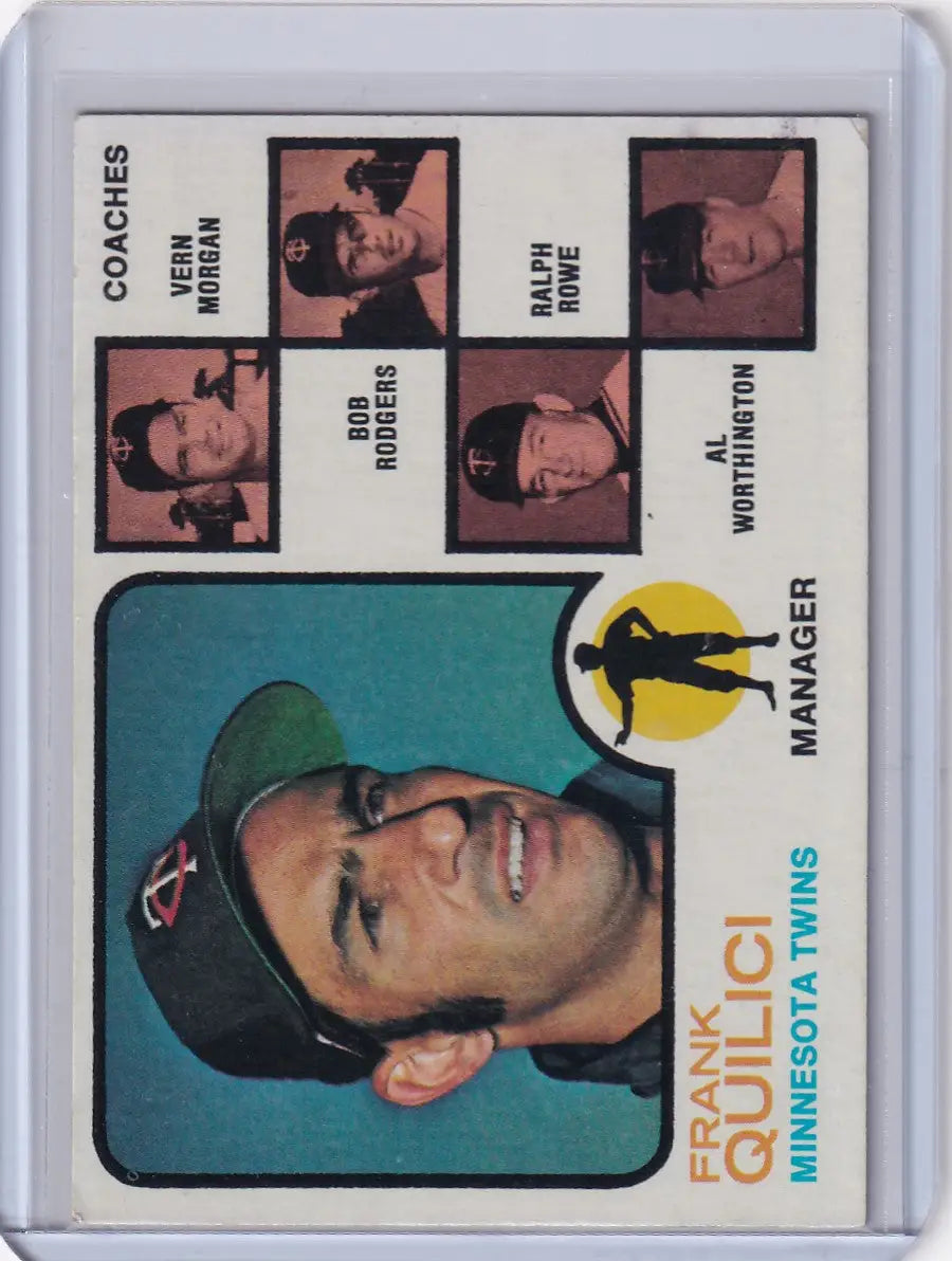 Vintage 1973 Topps Baseball card featuring Quilici, Rowe, Morgan, Rodger, and Worthington