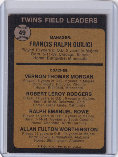 Vintage baseball card featuring 1973 Topps #49 Quilici Rowe Morgan Rodger Worthington