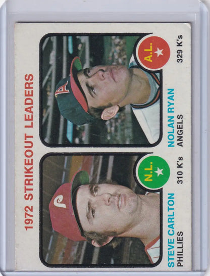 1973 Topps Baseball #67 card of Steve Carlton and Nolan Ryan, 1972 Strikeout Leaders