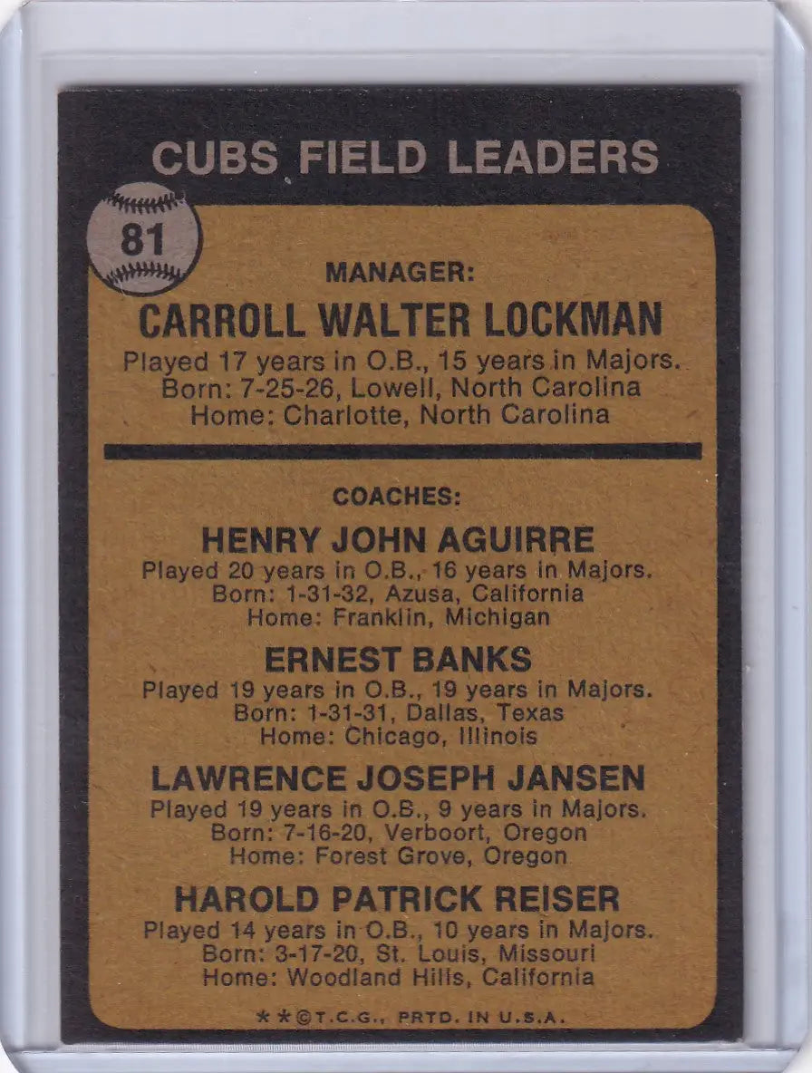 Baseball card back of 1973 Topps Whitey Lockman Ernie Banks Chicago Cubs Coaches