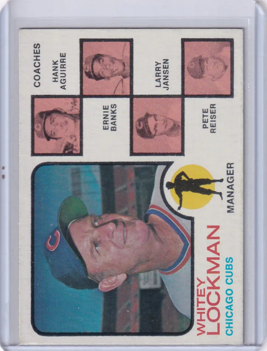 Vintage 1973 Topps Baseball card featuring Whitey Lockman and Ernie Banks, Chicago Cubs Coaches