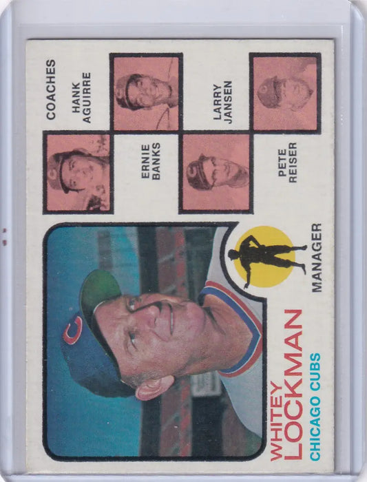 Vintage 1973 Topps Baseball card featuring Whitey Lockman and Ernie Banks, Chicago Cubs Coaches