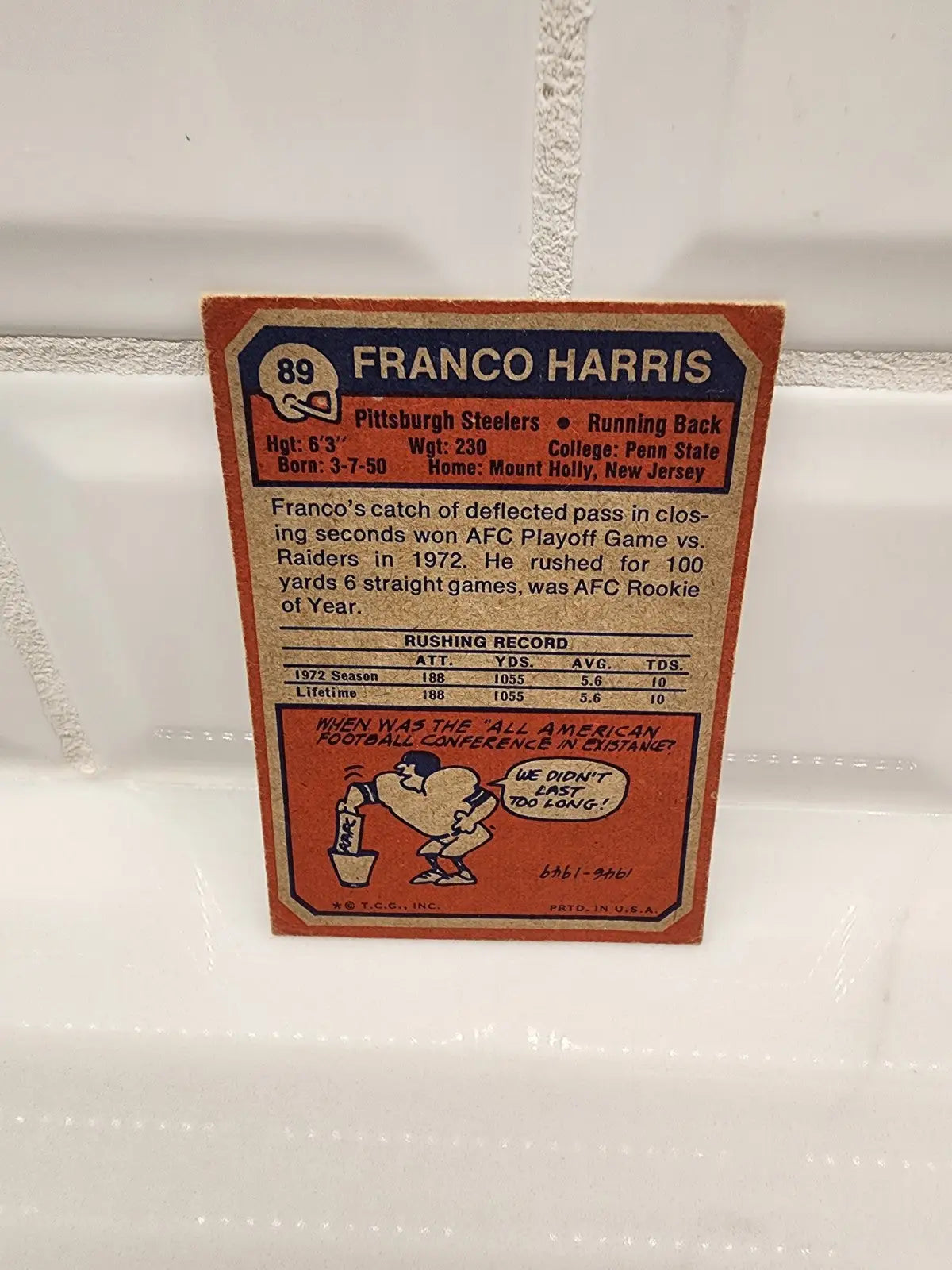 Vintage Franco Harris football trading card from 1973 Topps HOF series