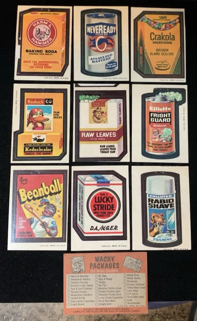 Wacky Packages trading cards with tan backs from 1973 Topps Wacky Packages Stickers Series 3