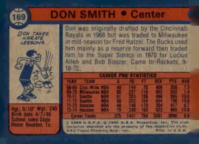 Back of 1974-75 Topps #169 Don Smith basketball card showcasing Don Smith details