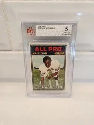 Graded Paul Warfield football card from 1974 in BVG 5 condition, warfield bvg