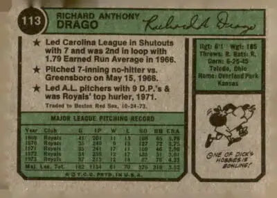 Baseball card back of Dick Drago Boston Red Sox 1974 Topps #113 featuring stats