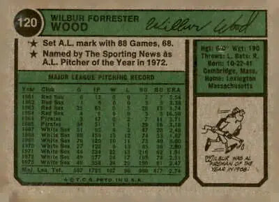Vintage 1974 Topps Wilbur Wood baseball card showcasing Chicago White Sox player