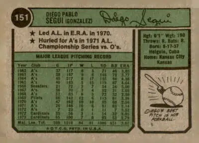 Vintage Diego Segui baseball card back from 1974 Topps #151 featuring Segui baseball details