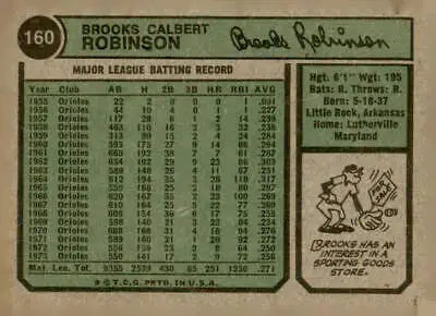 Vintage baseball card 1974 Topps #160 Brooks Robinson with classic design, Orioles third baseman