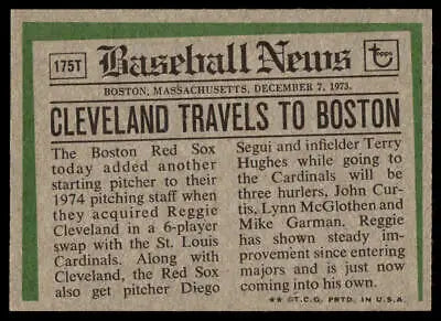 Baseball news clipping for 1974 Topps #175T Reggie Cleveland Traded, Boston Red Sox