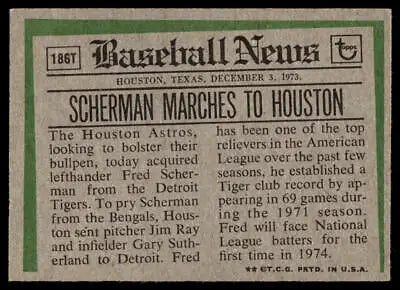 Vintage baseball news clipping featuring Fred Scherman from 1974 Topps 186T Fred