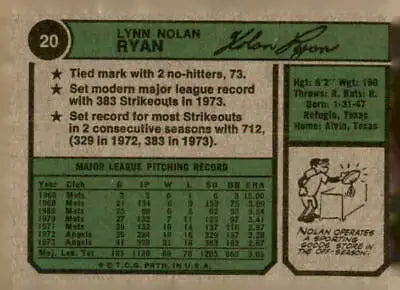 Vintage baseball card back showing 1974 Topps Nolan Ryan baseball card details