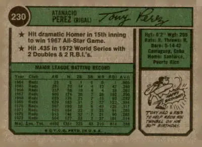 Vintage 1974 Topps Tony Perez baseball card featuring classic Perez baseball memorabilia