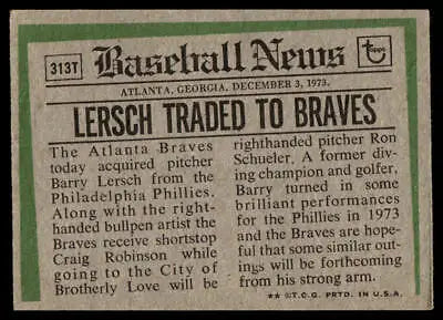 Baseball news clipping featuring Topps 313T Barry Lersch Traded card details