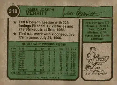 Vintage Jim Merritt baseball card from 1974 Topps #318 featuring Jim Merritt player