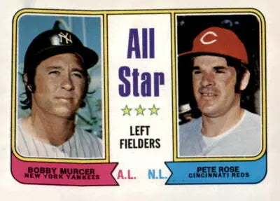 Vintage 1974 Topps All-Star Left Fielders baseball card featuring Bobby Murcer and Pete Rose